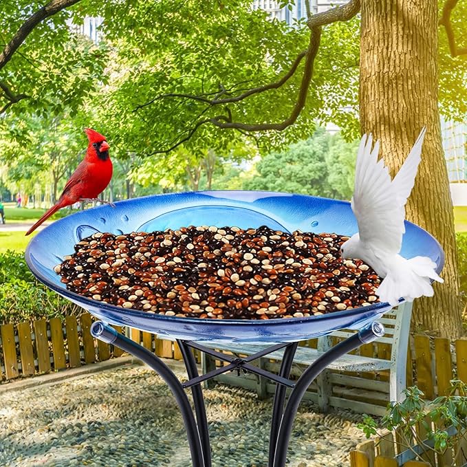 MUMTOP Bird Baths for Outdoors, Jellyfish Glass Large Bird Bath Bowl with Metal Stand, Bird Feeders for Outside and Garden, Patio,Lawn Decor (Blue)