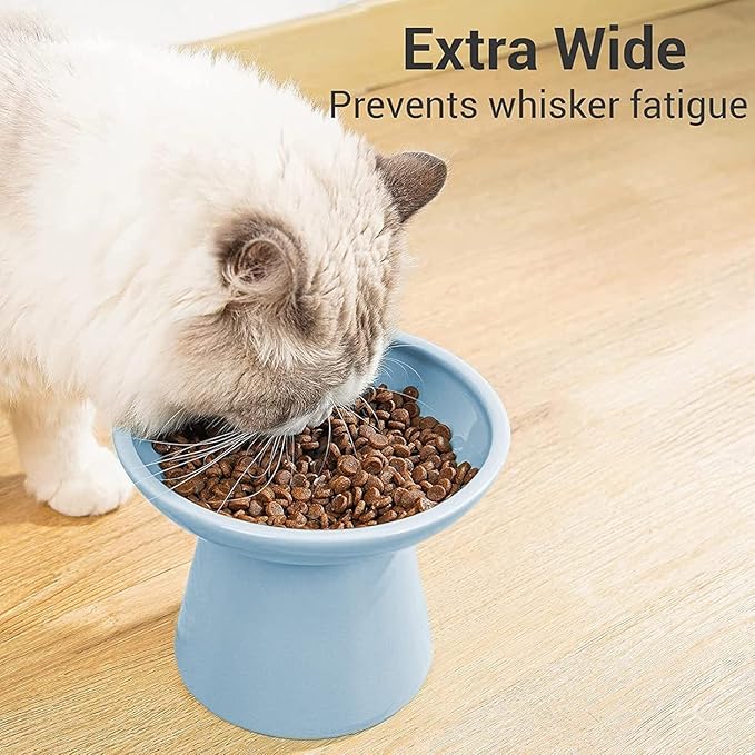 Extra Wide Elevated Ceramic Cat Bowl, 6.2" Shallow Dish for Whisker Fatigue Relief, 5" Height for Easy Feeding, Durable Raised Cat Food Bowls, Pack of 2, Blue