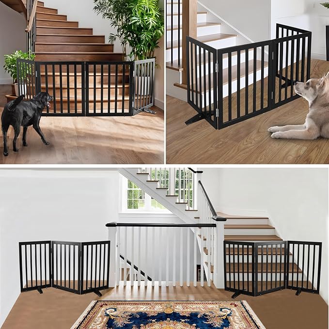 ZJSF Freestanding Indoor Dog Gate for House Foldable Wood Puppy Gate for Doorways Pet Gate for Stairs Extra Wide Pet Fence, Black, 32" Height 3 Panels
