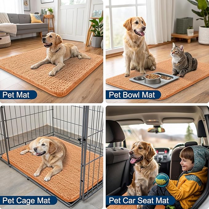 Smiry Dog Door Mat for Muddy Paws 24x16, Absorbs Moisture and Dirt Doormat, Non-Slip Washable Quick Dry Chenille Front Door Mat Indoor Entrance, Entryway Carpet for Inside Floor, Orange
