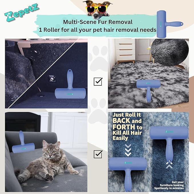 Pet Hair Removal Tool โ Reusable Lint Roller for Dogs & Cats โ Self-Cleaning Fur Remover Brush โ Ergonomic Lint Roller for Carpet, Bedding, Couch, Car Seat & More (Blue)