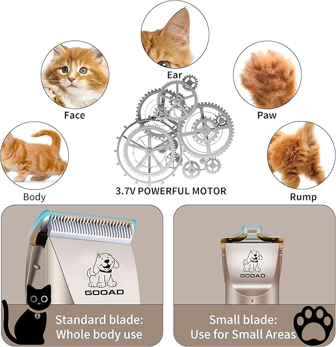Cat Clippers for Matted Hair, Cat Grooming Kit, Cordless Cat Shaver for Long Hair, Low Noise Paw Trimmer, Cat Hair Trimmer for Grooming,Quiet Pet Hair Clippers Tools for Cats Dogs (Gold)