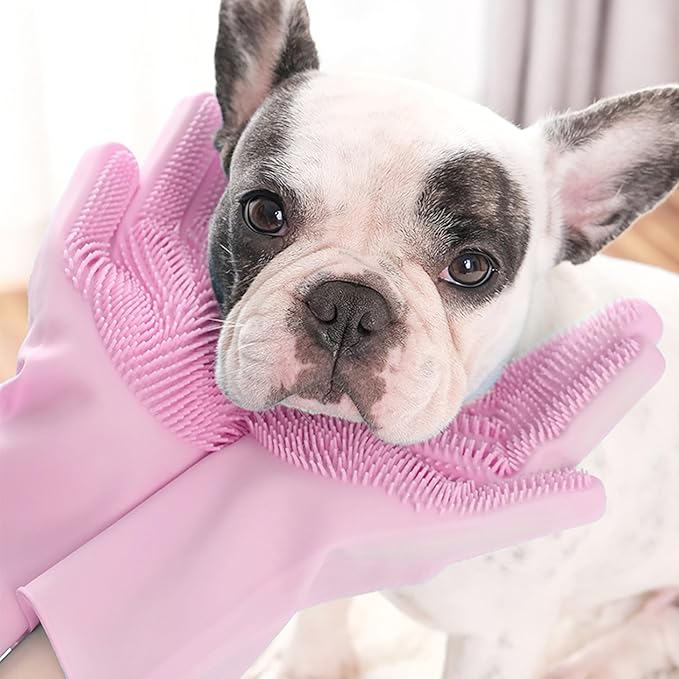 Pet Grooming Gloves,Heat-Resistant Silicone Gloves with High-Density Teeth for Enhanced Massaging and Bathing of Dogs and Cats (Pink, 1 Pair)
