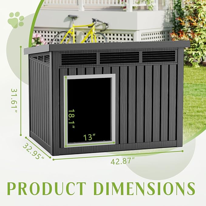 Dog House Indoor Outdoor,Resin Waterproof Puppy Shelter with Air Vents and Elevated Floor,Air Rod on Top to Open,Dog Kennel for Small to Large Dogs(Black,42.87 * 32.95 * 31.61)