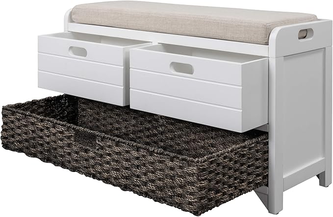 Storage Bench Removable Basket 2 Drawers Fully Assembled Acacia Wood Shoe Bench Standing Shoe Rack Removable Cushion for Living Room, Entrance Hallway, No Assembly Required White