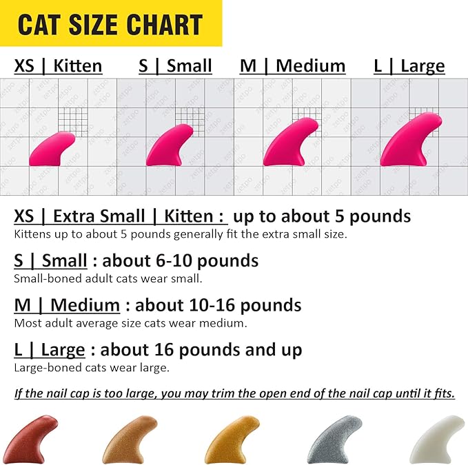 zetpo 100 pcs Cat Nail Caps | Cat Claw Covers | with Adhesives and Applicators (S, Metal Red, Bronze, Gold, Silver, Pearl White)
