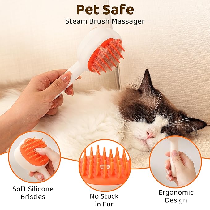 Steam Cat Brush, 6-in-1 Dog Brush Spritz Defur Comb with Pet Waterless Shampoo, Steamy Skin Friendly Deshedding Grooming Tool, Suitable for Shedding & Haired Pets, Pet Supplies Accessories, White