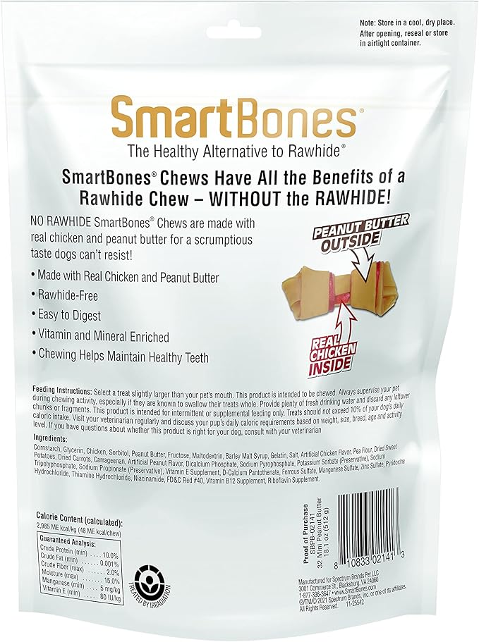 SmartBones Mini Chews With Real Peanut Butter 32 Count, Rawhide-Free Chews For Dogs