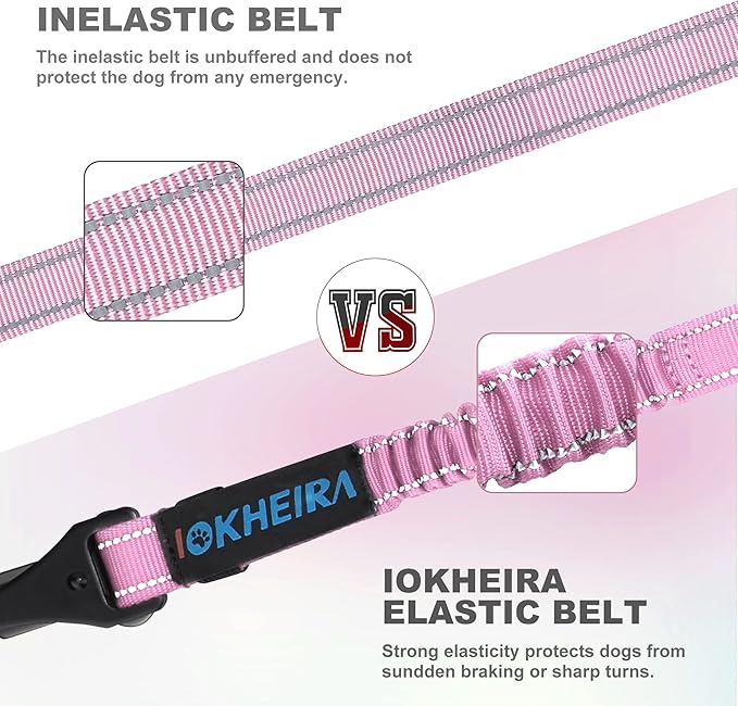 IOKHEIRA Dog Seatbelt - Adjustable Reflective Bungee Harness with Aluminum Swivel Carabiner