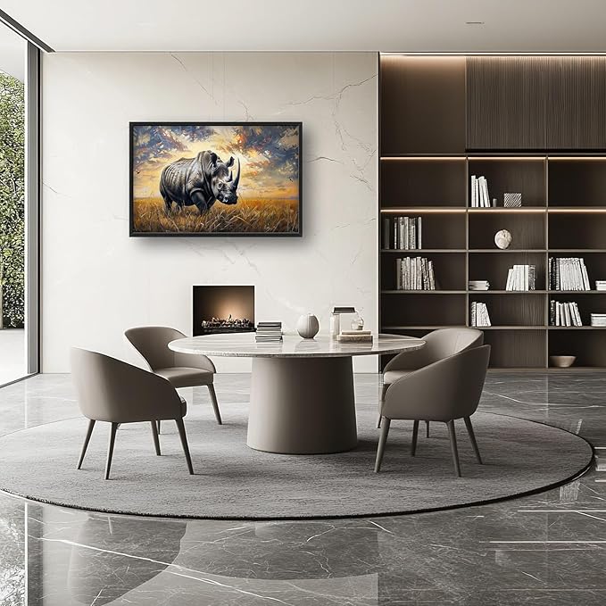Rhino Large Wall Art Rustic Cool Wild Animal Rhinoceros Pictures Sunset Field Landscape Wall Decor Canvas Print Painting Artwork for Bathroom Living Room Bedroom 36L" x 24W"