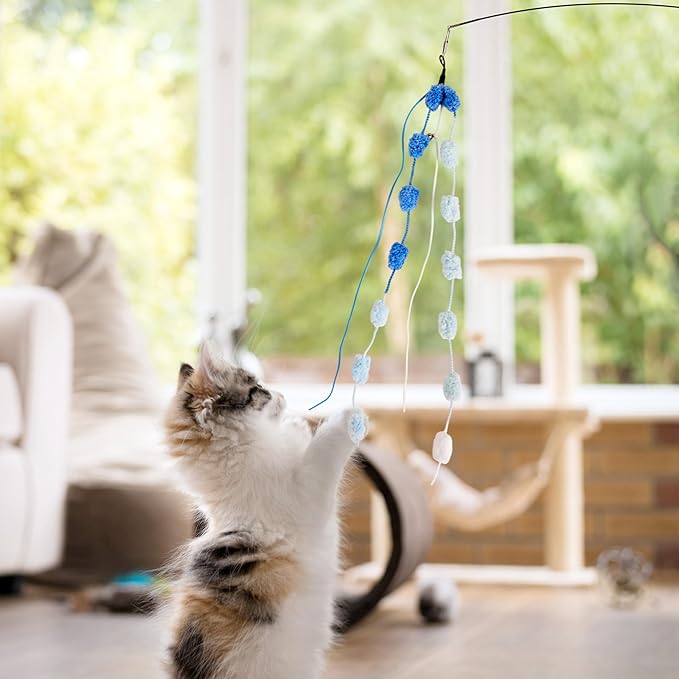 Cat Wand Toy, 9Pcs Retractable Plush Srtip Cat Teaser Wand Toys with Bell & String, Long Interactive Wand Toys for Indoor Kitten, Exercise