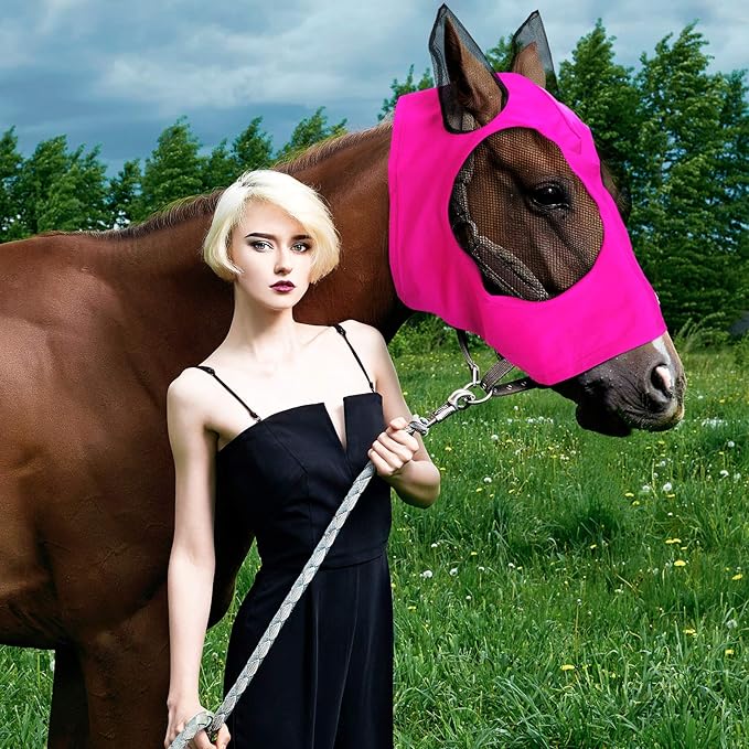 Sadnyy 6 Pcs Horse Fly Masks with Ears Comfort Breathable Mesh Fly Masks Net UV Protection Large Eye Space Full Face Covering Elasticity Soft for Horses(Large)