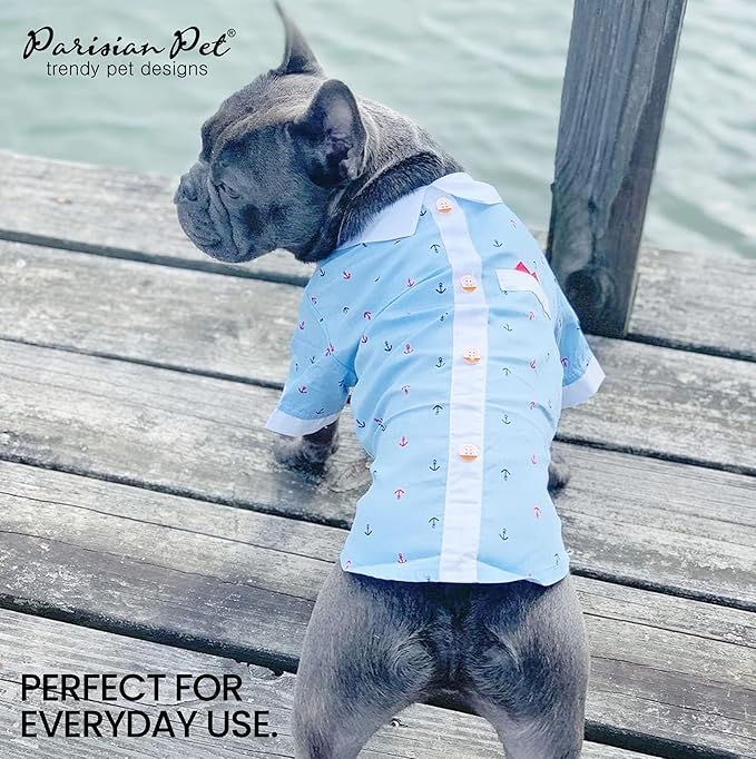 Parisian Pet Dog Shirt - Dog Nautical Costume - 100% Cotton Anchor Dog Clothes - Sleeved Doggie Shirt - Blue and White Dog Costumes for Small Dogs S