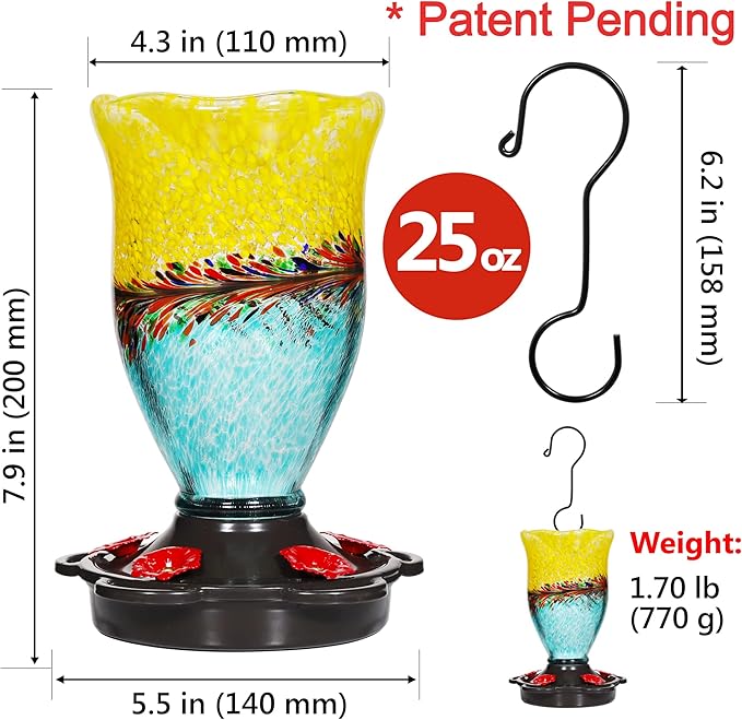 LUJII Hummingbird Feeders for Outdoors with Ant Proof, Handmade Blown Glass Hummingbird Feeder for Outside with S Hook, 25 fl.oz, Leak Proof, Multiple Functions Vase or Garden Decor, Blue Mixed Yellow