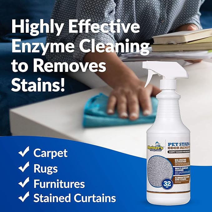 Sheiner's Pet Stain Remover & Pet Odor Eliminator, Advanced Cleaning Bio-Enzyme Cleaner Solution for Carpets, Rugs, Upholstery & Multi-Surfaces, Safe for Pets & Kids. (32 oz)