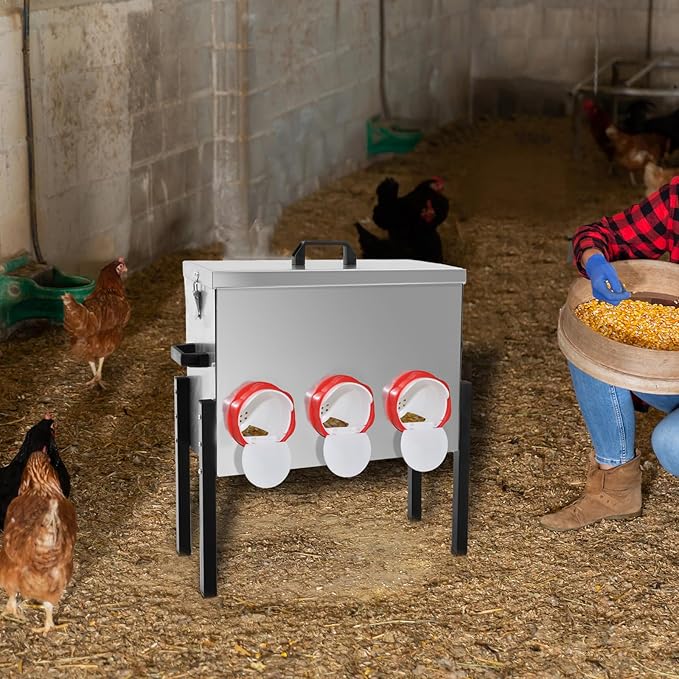 XKV Metal Automatic Chicken Feeder 30LBS with 6 Ports,Locking Lid and Legs,No Feed Waste,All Seasons Support,Weather-Resistantand Animal-Proof,Suitable for Chicken,Geese,Ducks,Turkeys,Quails