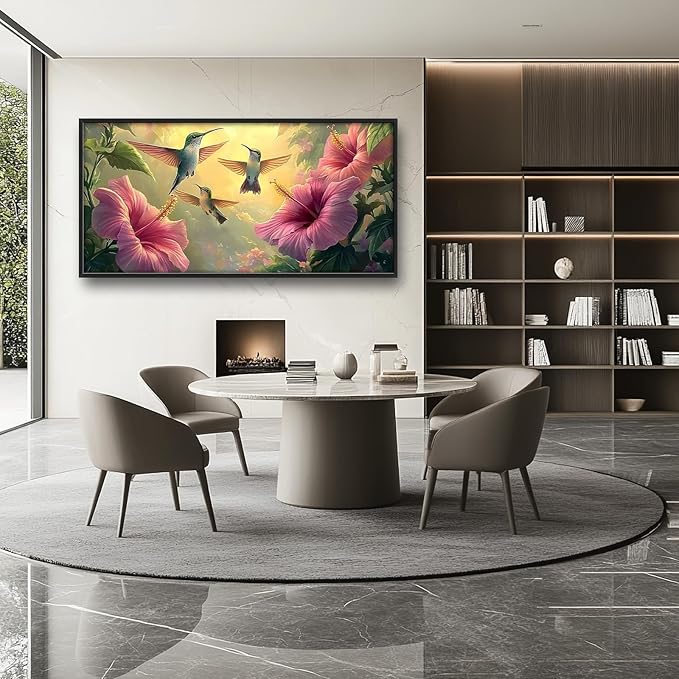 Framed Large Hummingbird Wall Art for Living Room, Oversized Rustic Bird Flower Wall Decor Floral Canvas Painting Nature Sunrise Pictures Modern Artwork for Bedroom Office Dinging Room 60"x30"