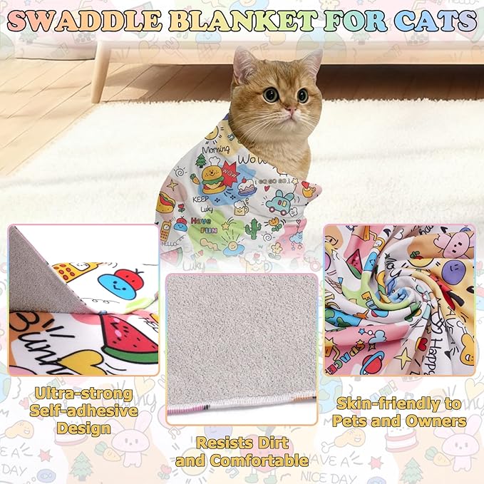 27.6" Cat Grooming Wrap for Nail Clipping Cat Swaddle Wrap (Within 15lbs) for Cutting Nails Cloth for Pet Cleaning Multifunctional Pet Tool|Utility Storage Bag|Self-Adhesive Travel Blanket