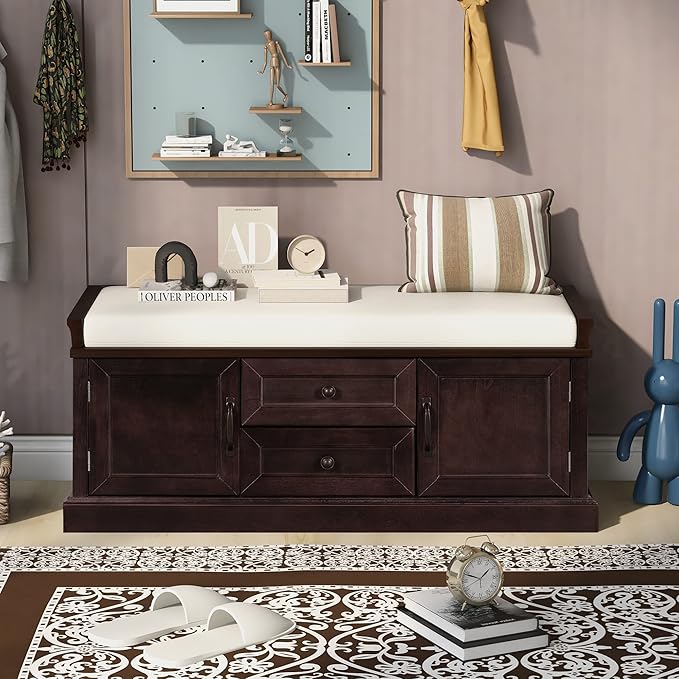 Storage Bench with 2 Drawers and 2 Cabinets, Pine Wood Pine Wood Shoe Bench with Removable Cushion for Living Room, Entryway 42.5" L x 15.9" W x 17.5" H (Espresso)