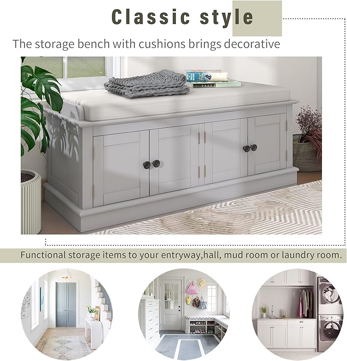 Storage Bench with 4 Doors and Adjustable Shelves, Shoe Bench with Removable Cushion for Living Room, Entryway 42.7" L x 16" W x 17.4" H (Gray Wash)