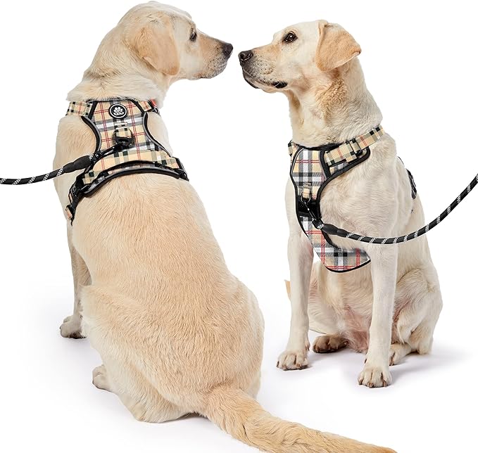 NESTROAD No Pull Dog Harness with Leash, Reflective No Choke Pet Vest Harness,Adjustable Soft Padded Dog Harness with Easy Control Handle for Large Dogs(Checkered Beige,Large)