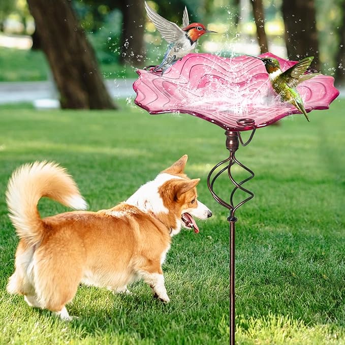 HONGLAND 31" Red Glass Bird Bath with Sturdy Metal Stake, Secure Freestanding Birdbath for Outdoors, Garden, Patio, and Yard Ornament