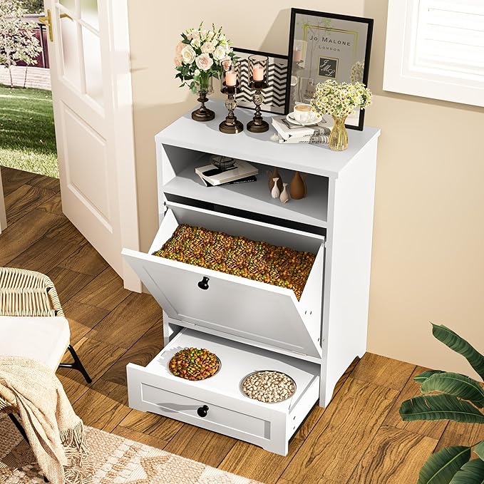 Dog Food Storage Cabinet and Feeding Station - Large Pet Food Organizer Furniture With Pull-Out Elevated 2 Sus304 Bowls for Feeding & Watering Supplies, White