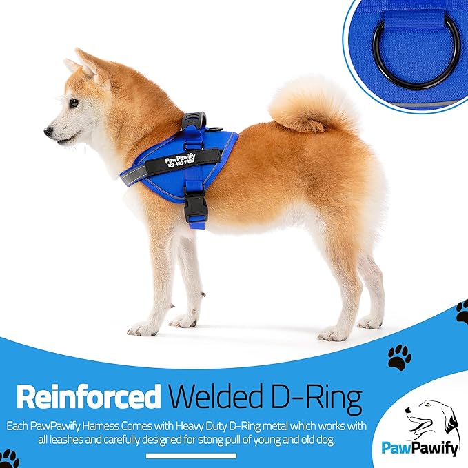 PawPawify Custom No Pull Dog Harness with Name and Phone Number, Heavy Duty Personalized Pet Vest to Prevent Tugging, Pulling, or Choking, Training and Walking (New Blue, XS (5-9LBS))
