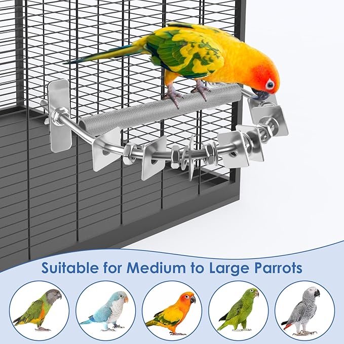 Bird Perch for Cage, Stainless Steel Parrot Perches with Metal Chew Toys, Bird Nail Trimming Cage Accessories for Cockatiels, Macaws, African Grey, Amazon Parrots