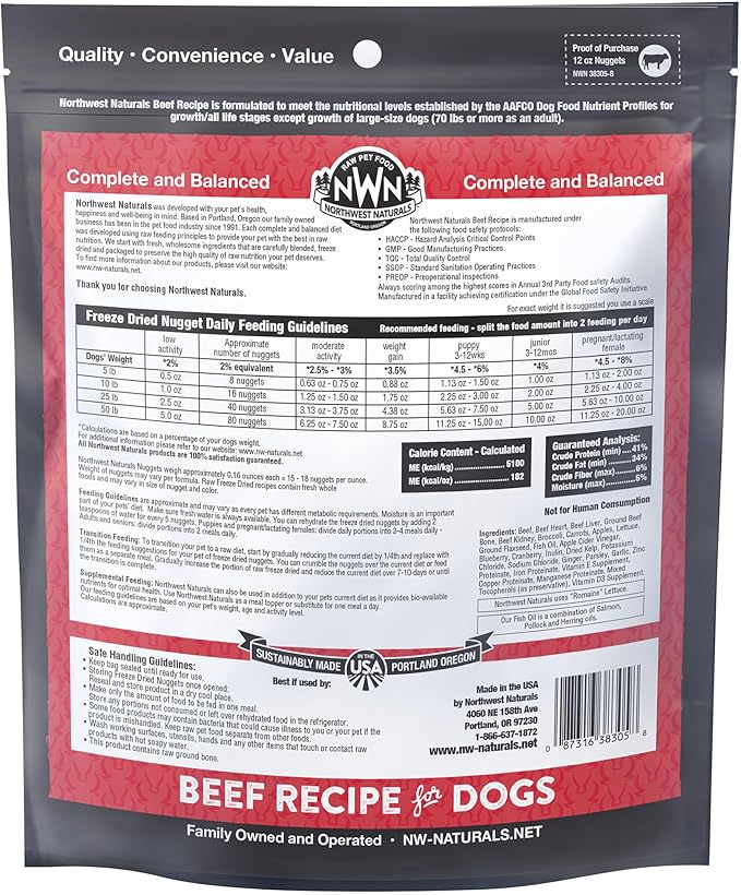 Northwest Naturals Freeze-Dried Beef Dog Food - Bite-Sized Pieces - Grain-Free, High-Protein, Raw Diet, Human-Grade, Limited Ingredients, All Natural, Nutrient-Dense, 12 Oz (Pack of 2)
