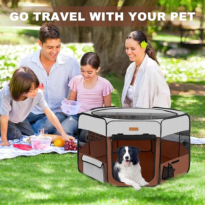 Dog Playpen, Portable Pet Play Pen for Cat, Puppies, Rabbits, Chickens, Foldable Large-Capacity Pet Tent for Indoor/Outdoor Travel Camping Brown