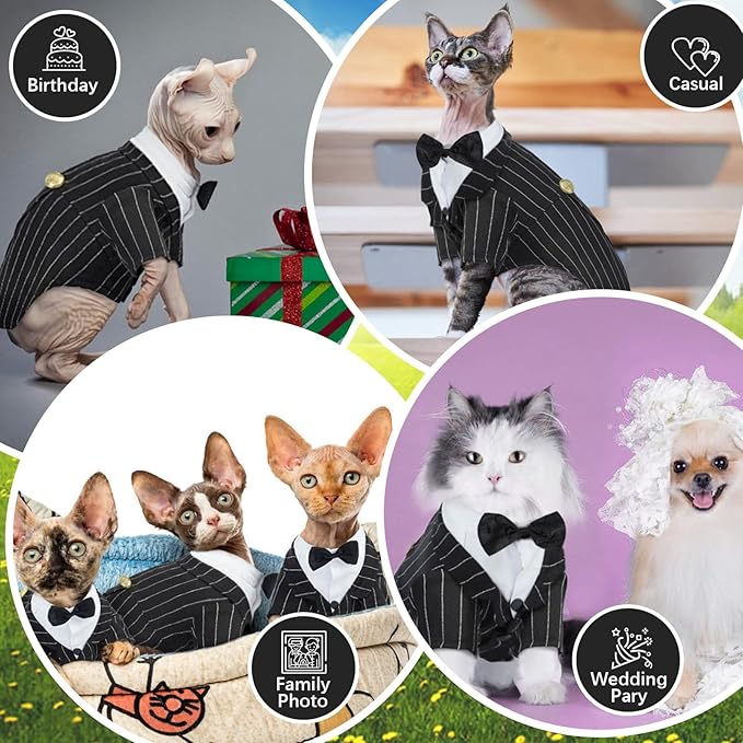 QBLEEV Cat Tuxedo Suit, Sphynx Cat Suit with Bow Tie, Cat Halloween Costumes, Kitten Formal Attire Wedding Birthday Onesie Clothes for Male Female Hairless Cats