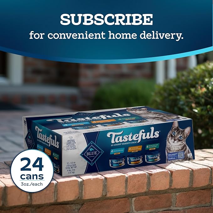 Blue Buffalo Tastefuls Wet Cat Food Paté Variety Pack, Made with Natural Ingredients, Chicken, Turkey & Chicken, Ocean Fish & Tuna Entrées, 5.5-oz Cans (24 Count, 8 of Each)