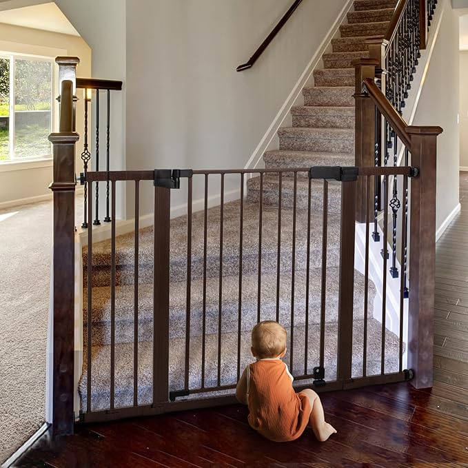 BABELIO Baby Gate with Black Wood Pattern, 29-48 Inch Auto Close Dog Gate for The House, Stairs and Doorways, Pressure Mounted Pet Gate with Door and Y Spindle Rods