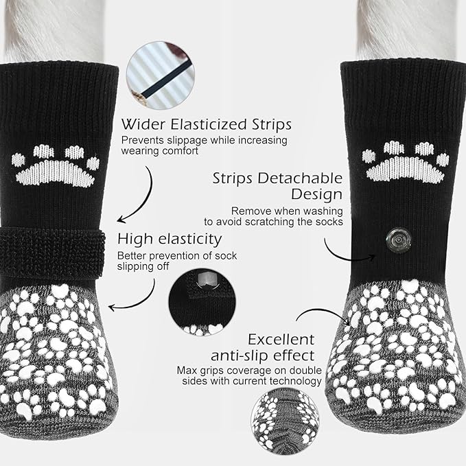 EXPAWLORER Anti Slip Dog Socks to Prevent Licking Paws, Shoes for Hot Pavement, Dog Booties for Small Medium Large Senior Dogs, Traction Control Boots & Paw Protectors for Hardwood Floors Black&Grey