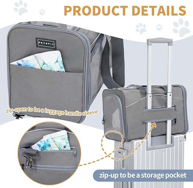 Petsfit Airline Approved Pet Carrier for Small Cats, 16.5x8.6x11 TSA Approved Carrier, with Removable Dual-Sided Padding (2-Way Placement) - Fits Under Most Airplane Seats, Escape Proof (Gray)
