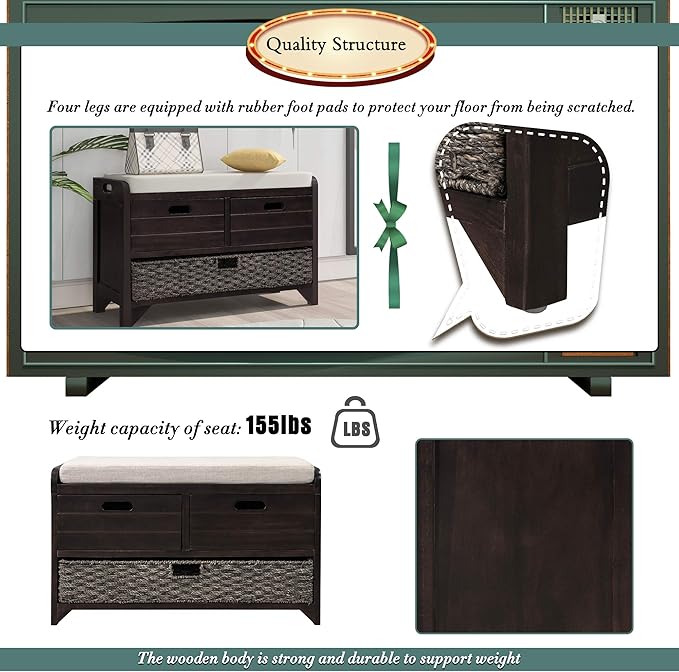 Storage Bench with Removable Basket 2 Drawers Fully Assembled Acacia Wood Shoe Bench Standing Shoe Rack Removable Cushion for Living Room, Entrance Hallway, No Assembly Required Espresso