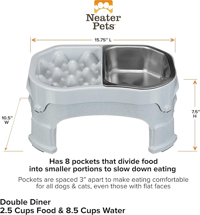 Neater Pet Brands – Neater Raised Slow Feeder Dog Bowl – Elevated and Adjustable Food Height - (Double Diner/w Metal Bowl, Vanilla Bean)