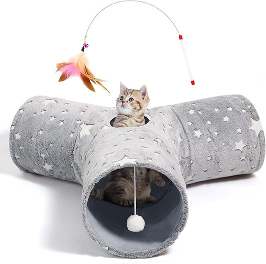 Tempcore Pet Cat Tunnel Tube Cat Toy 3 Way Collapsible, Cat Tunnels for Indoor Cats Self-Luminous Photoluminescence,Kitty Tunnel Bored Cat Pet Toys Peek Hole Toy Ball Cat, Puppy, Kitty, Kitten, Rabbit