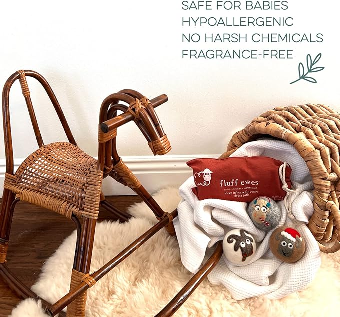 Fluff Ewes Wool Dryer Balls 3 Pack Premium New Zealand Wool Laundry Balls for Dryer, No Static Dryer Balls Laundry Reusable, XL Christmas Dryer Balls, Holiday Dryer Balls - Sheep in Heavenly Peace