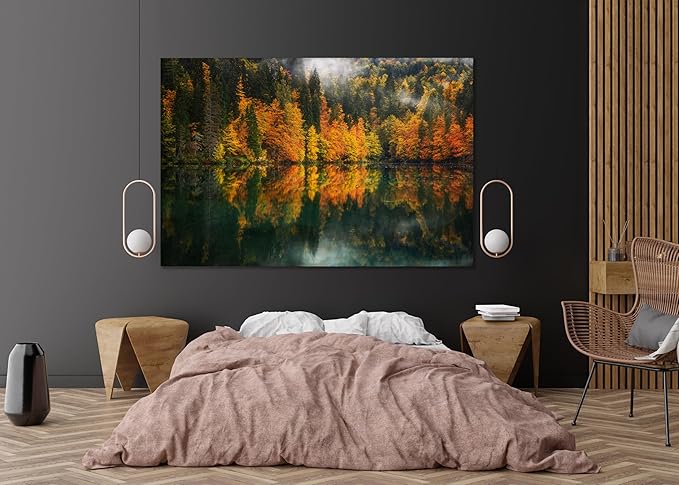 Nature Wall Art Prints - Ocean Forest Mountain Lake Canvas Landscapes - Small to Extra Large Living Room Bedroom Kitchen Bathroom Décor (Autumn by the Lake, 24L" x 36W")