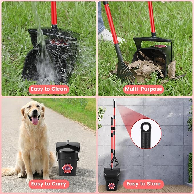 Pooper Scooper Swivel Bin and Rake with 60 Waste Bags, Heavy Duty Dog Poop Scooper for Large Medium Small Dogs, Long Stainless Steel Handle Use on Yard, Grass, Dirt or Gravel