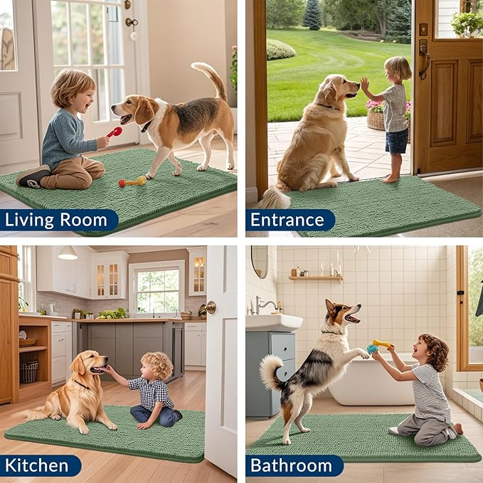 Smiry Dog Door Mat for Muddy Paws 30x20, Absorbs Moisture and Dirt Doormat, Non-Slip Washable Quick Dry Chenille Front Door Mat Indoor Entrance, Entryway Carpet for Inside Floor, Olive Green