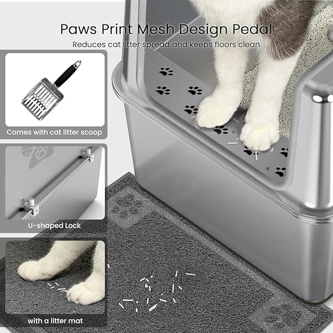 Enclosed Stainless Steel Cat Litter Box with Lid, XL Metal Litter Box for Big Cats, Extra Large Cat Toilet with High Side, Non-Stick, Anti-Leakage, Odorless, with Cats Litter Mat & Litter Scoop