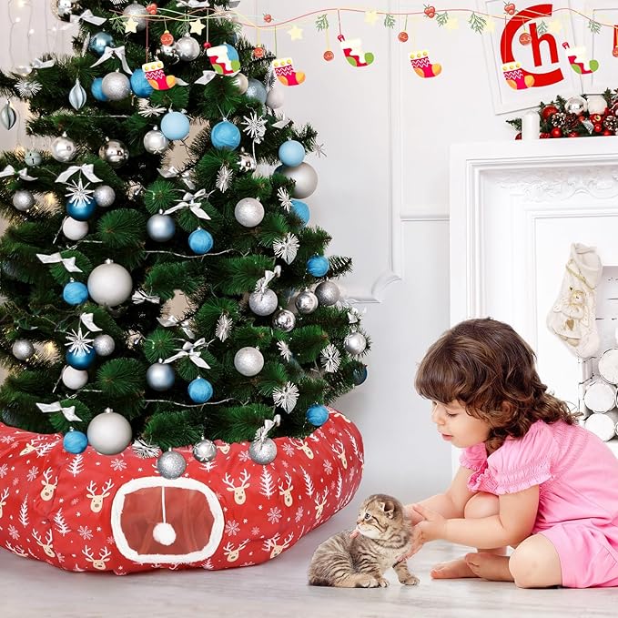 Christmas Cat Tunnel Bed for Indoor Cats Under Christmas Tree Skirt Tube with Hanging Ball Plush Cat Cave, Washable Holiday Pet Gift Toy & Gift for Kittens(Elk)