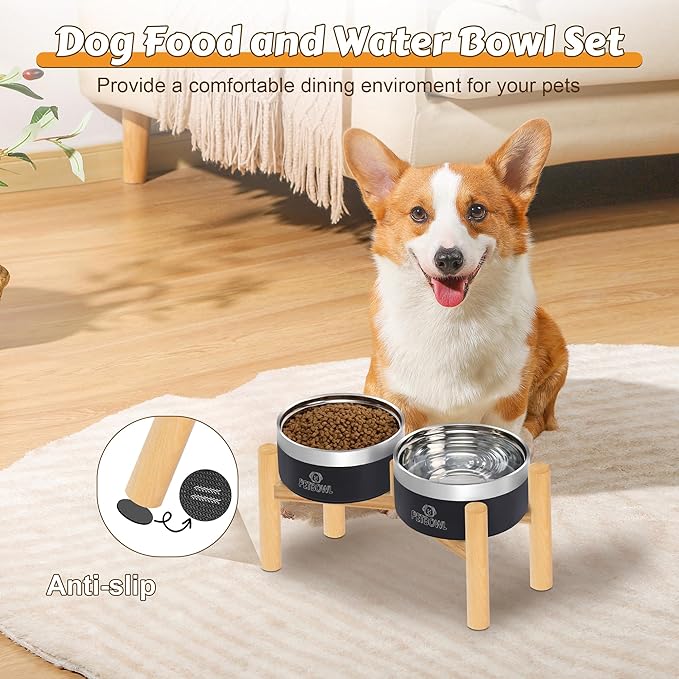 UPSKY Elevated Dog Bowls – 27oz Stainless Steel Anti-Spill Set with Wooden Stand, Double Raised Bowls for Small/Medium Dogs to Reduce Neck Strain & Improve Digestion