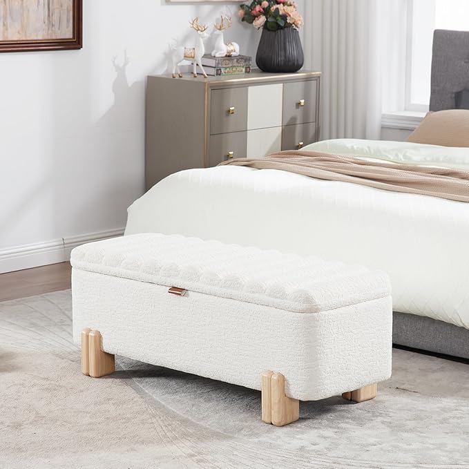 Wavy Ottoman Storage Bench Multi-Functional Narrow Entryway Bench Elegant End of Bed Bench with Storage and Safty Hinge for Living Room Entryway Hallway Bedroom Boutique, White