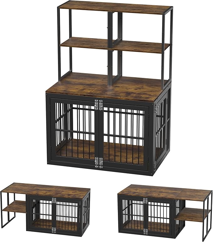 Dociote Heavy Duty Dog Crate Furniture with Storage Shelves,Large Dog Kennel Indoor End Table 39 Inch,Brown
