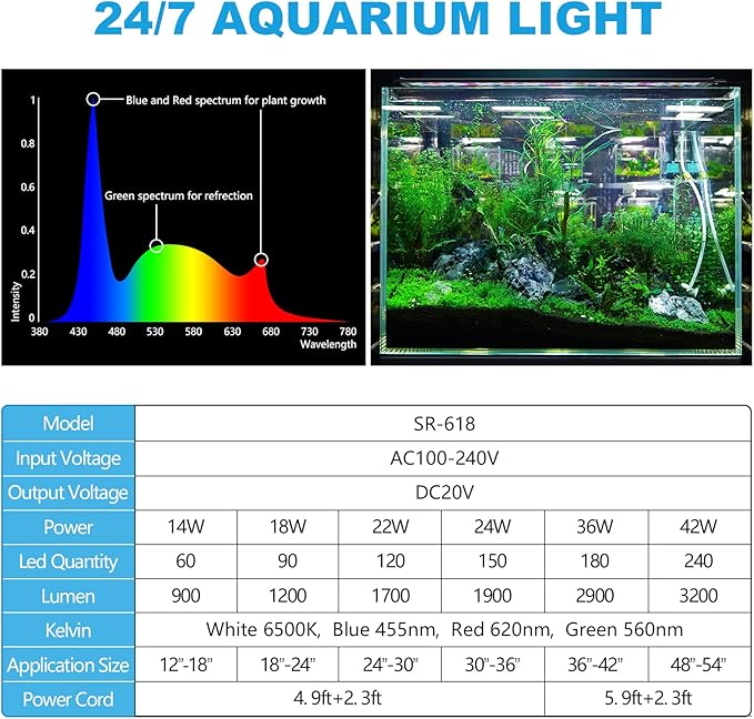 24/7 Mode Led Aquarium Light for Plants Growth- Sunrise to Moonlight, 7 Colors, Adjustable Timer/Brightness, Full Spectrum Fish Tank Lights for 48 Inch to 54 Inch Tank, 42W