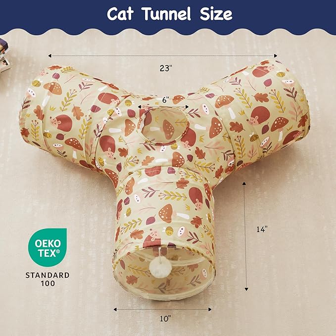 Tempcore Pet Cat Tunnel Tube Cat Toys 3 Way Collapsible, Cat Tunnels for Indoor Cats,Kitty Tunnel Bored Pet Toys Peek Hole Toy Ball Puppy, Kitty, Kitten, Rabbit Khaki Hedgehog